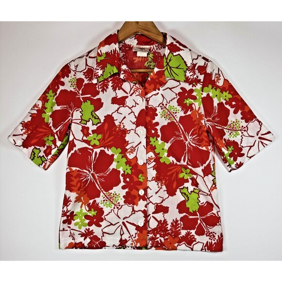 Vintage Lightning Bolt Hawaiian Shirt Womens Small 70s Red Hibiscus Aloha Surf - Picture 1 of 13